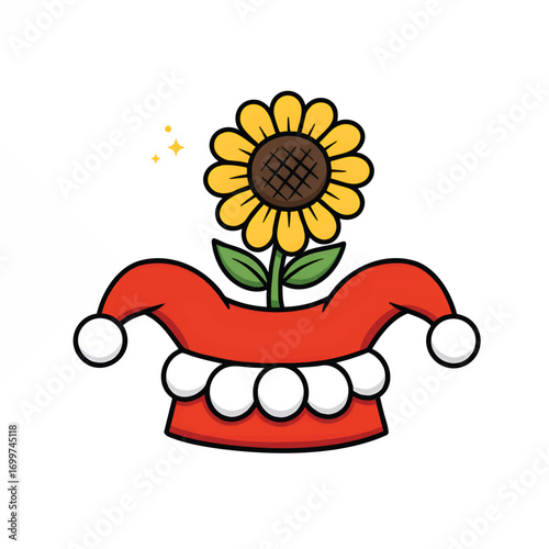 Cartoon illustration of a sunflower growing out of a red jester hat with white pom-poms.