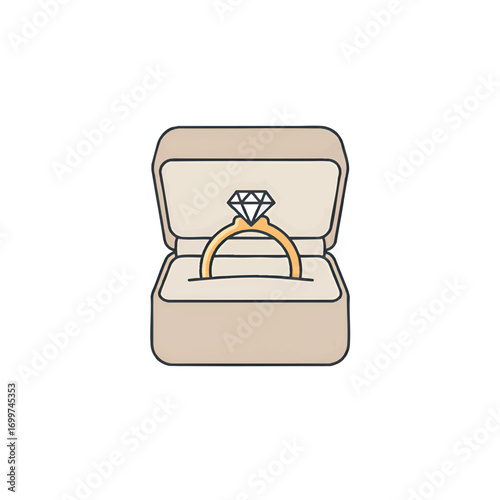 A golden engagement ring with a diamond sits inside a beige box.