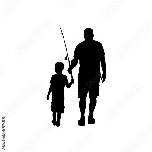 Silhouette of father and son fishing together isolated on white background
