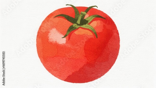 A watercolor illustration of a ripe red tomato with a green stem, displayed against a plain white background.