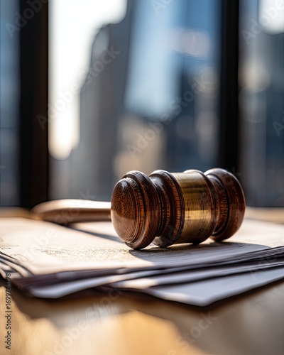 Wooden gavel rests on legal documents
