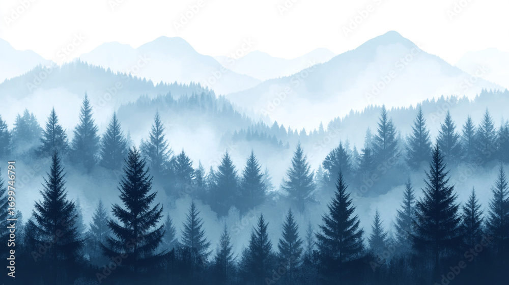 Fototapeta premium Misty mountain forest serene landscape blue hues tranquil nature scenery