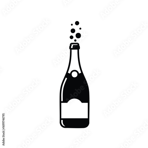 A celebratory champagne bottle with bubbles effervescing from its neck.