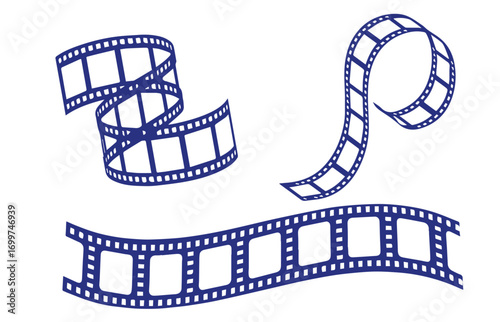 Film strip, movie roll tape, cinema video reel silhouette. Old curled filmstrip rolls, vintage photo or movies tapes, films records vector set