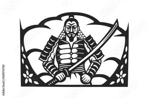 Black Silhouette of Samurai Warrior with Katana, Ornamental Floral Frame,