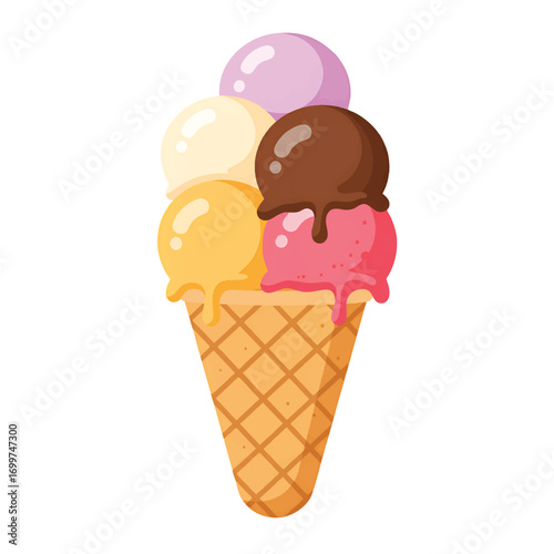 A colorful ice cream cone featuring five scoops of various flavors, melting slightly.