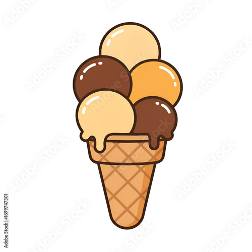 Cartoon drawing of an ice cream cone with several scoops of different flavors, including chocolate and vanilla.