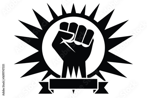 Black silhouette raised fist with starburst and banner on white background