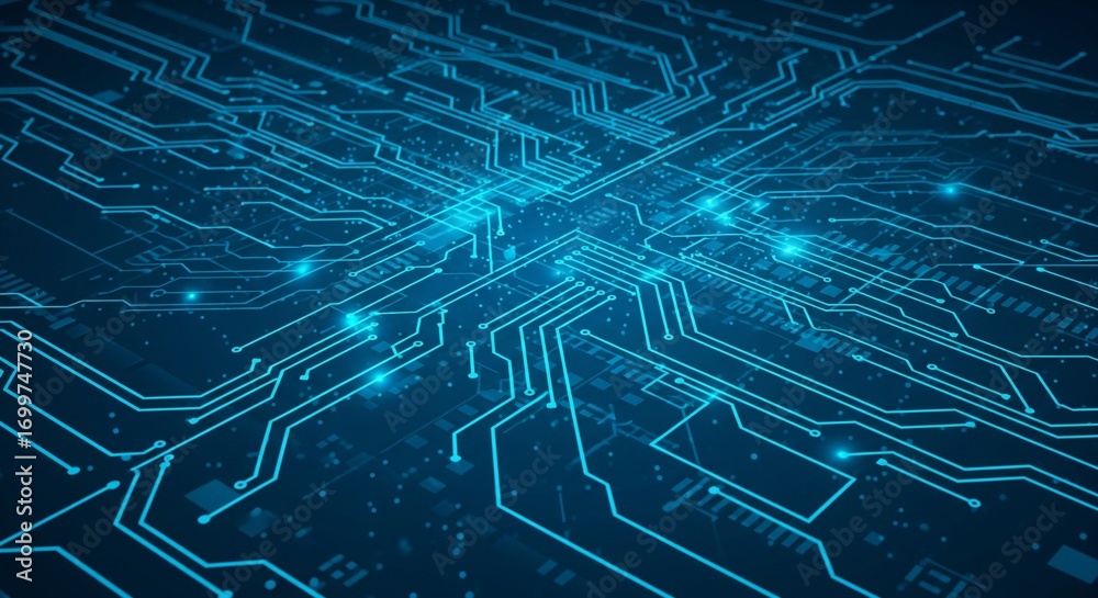 Fototapeta premium A high-definition, image depicts an intricate digital circuit board pattern, with glowing bright blue lines representing data 