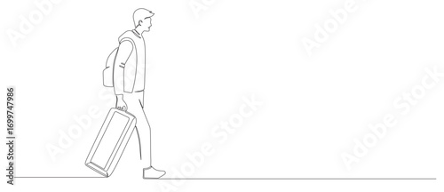 Continuous line art of a man walking and migrating carrying a suitcase. International Migrants Day. Vector illustration