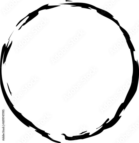 Black ink brush stroke circle with a rough, artistic texture. A hand-drawn minimalist enso symbol representing infinity, wholeness, and the void