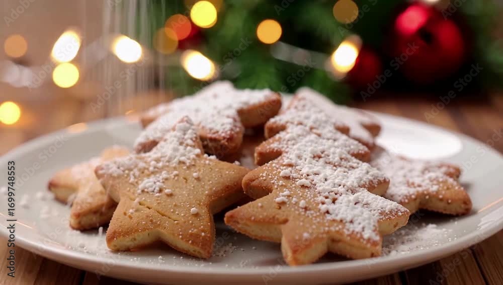 Close up of sprinkling powdered sugar on festive Christmas cookies shaped like stars and trees on a white plate with a holiday background