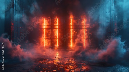 Abstract rendering of a futuristic city with glowing lights and atmospheric fog and reflections on transparent background silhouette