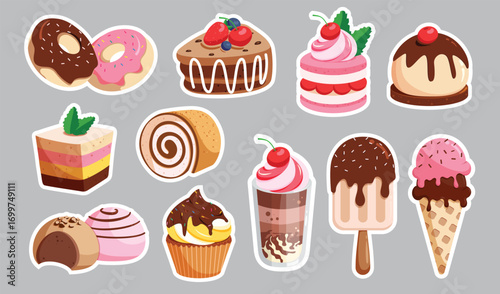 Birthday Cake Sticker clipart set. Sweet dessert like cake, ice cream, cupcake and donut printable stickers cute design clip art collection for birthday party celebration vector illustration.
