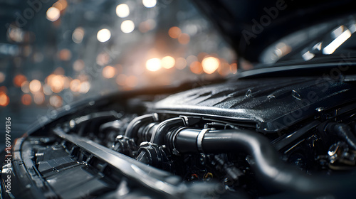 Close up of a car engine with an open hood and blurred background with bokeh lights in the distance
