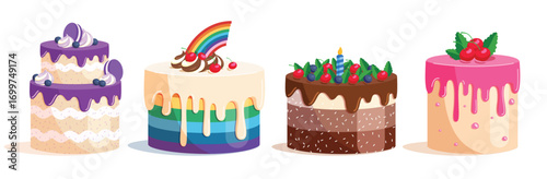 Birthday Cake clipart set. Birthday Cake clip art with blue berry, rainbow, chocolate and strawberry dripping icing with toppings for bday party sweet dessert collection vector illustration.
