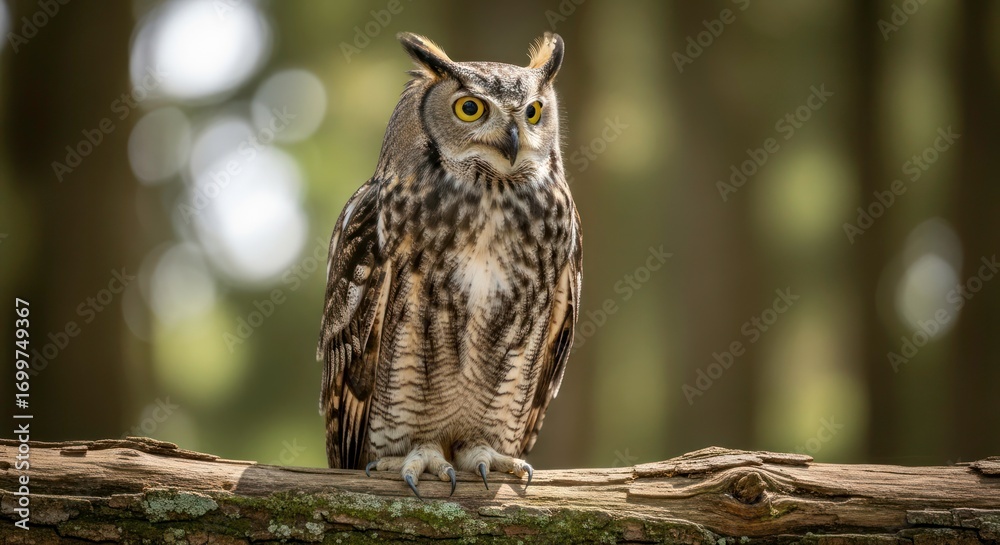 Obraz premium Majestic Great Horned Owl Perched on Mossy Branch, Intense Yellow Eyes Gazing Forward