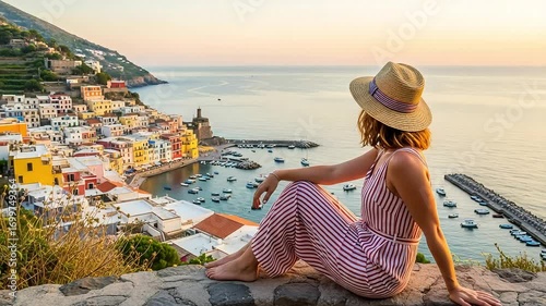 A woman in a hat sits on a terrace overlooking the colorful village of ponza island, italy, enjoying the scenic view of the mediterranean sea at sunset