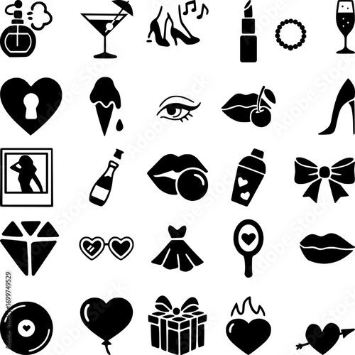 Black Romantic Icon Set for Love, Dating, Romance and Valentine Design