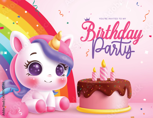 Birthday unicorn character clipart design. Birthday party invitation card with cute unicorn, pink cake and colorful rainbow in  magical background vector illustration.
