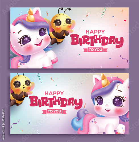 Happy Birthday greeting card clipart banner set. Cute pink unicorn and bee character with Happy Birthday to you greeting text for kids girl birthday party invitation card template clip art in colorful