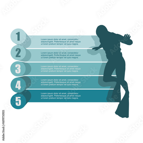 Silhouette of diver with five features or option of project to select. Minimal infographic illustration for sport and leisure activity information visualization.