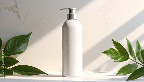 Minimalist white cosmetic pump bottle mockup with green leaves and natural sunlight for an eco-friendly beauty brand presentation