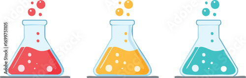 Three laboratory flasks with colored liquids and bubbles science chemistry
