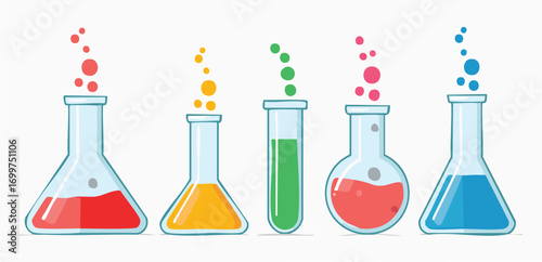 Colorful laboratory flasks with bubbling liquids beakers test tubes