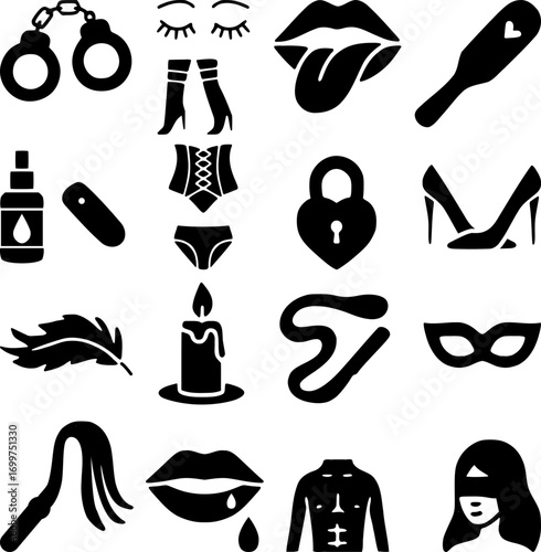 BDSM Fetish Icon Set,  Erotic Silhouettes and Kinky Symbols in Black