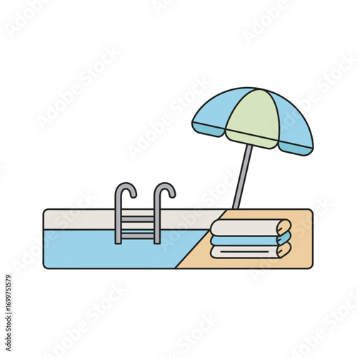 Cartoon Pool Scene with Umbrella Towels and Ladder Summer Fun.