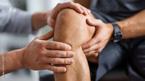 A wide view of a modern physiotherapy clinic. A patient is performing a rehabilitation exercise for a knee injury, while their physiotherapist provides guidance, demonstrating the correct form to avoi
