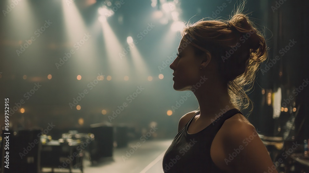 Fototapeta premium Profile of a Performer on Stage with Dramatic Lighting