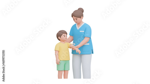 Female doctor examining young boy's arm in a clinic, providing medical care and support with a gentle touch, promoting health and wellbeing in a caring atmosphere.