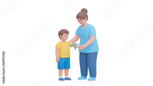 Loving mother putting bracelet on her son's wrist in bright room, showing care and affection in a tender moment.