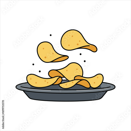 Cartoonish Potato Chips Falling onto a Gray Plate Food Illustration.