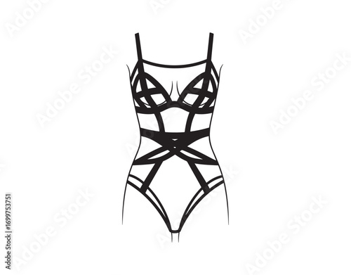 A women's see-through bodysuit featuring black fabric accents. Stylish handmade lingerie.