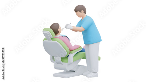 Dentist examining patient's teeth in modern clinic with bright lighting, ensuring oral hygiene and health, creating a calm and professional atmosphere.