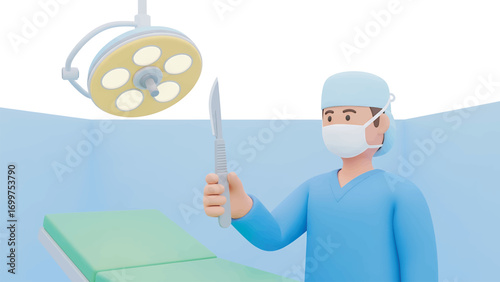 Cartoon surgeon in blue scrubs holds scalpel in operating room under surgical light, preparing for operation with sterile environment and serious demeanor.