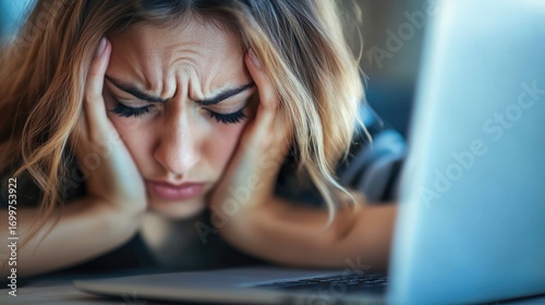 A woman feels intense stress while trying to finish her work by the deadline