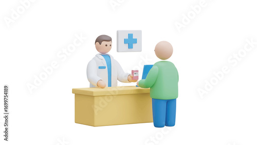 Doctor handing medication to patient at pharmacy counter in bright, sterile environment, emphasizing healthcare and patient care with a clean, modern aesthetic.
