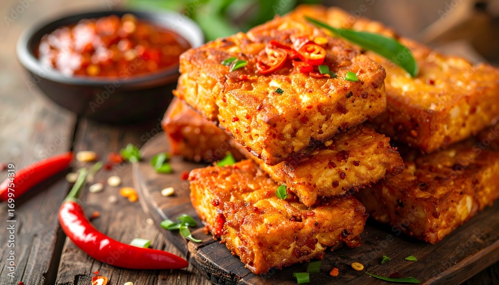 Fototapeta premium Golden fried tempeh, seasoned with aromatic spices and red chilies, stacked on a rustic wooden board, a savory Indonesian vegetarian dish