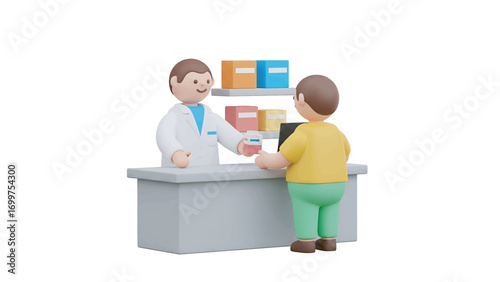 Pharmacist handing medication to customer across counter in pharmacy with shelves of medicine, promoting health and wellbeing.