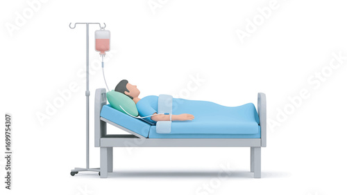Patient lies in hospital bed receiving intravenous fluids, showing medical care and treatment for illness with a sterile and clinical atmosphere.