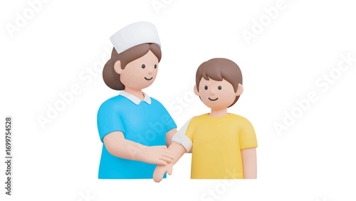 Nurse giving a vaccination to a young boy in a clinic, ensuring health and safety with a caring touch, promoting wellbeing and medical care.