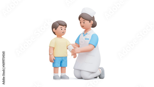 Nurse bandages a young boy's arm in a sterile hospital room, showcasing compassionate care and medical assistance, promoting health and wellbeing.