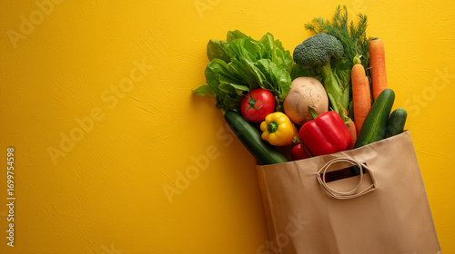 Flat lay composition of a paper grocery bag filled with fresh organic vegetables and fruits on a vibrant yellow background, featuring healthy plant-based ingredients for vegetarian and vegan food del 