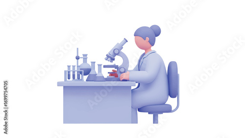 Female scientist analyzes samples under a microscope in a laboratory, conducting research with test tubes and flasks, showcasing scientific discovery.
