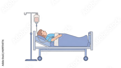 Patient lies in hospital bed receiving intravenous drip for treatment in clean white room, depicting recovery and medical care.