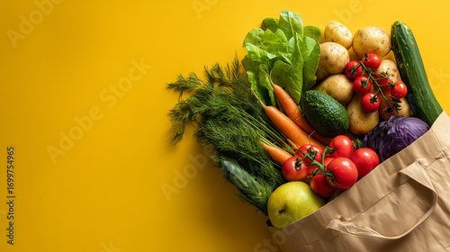 Flat lay composition of a paper grocery bag filled with fresh organic vegetables and fruits on a vibrant yellow background, featuring healthy plant-based ingredients for vegetarian and vegan food del 